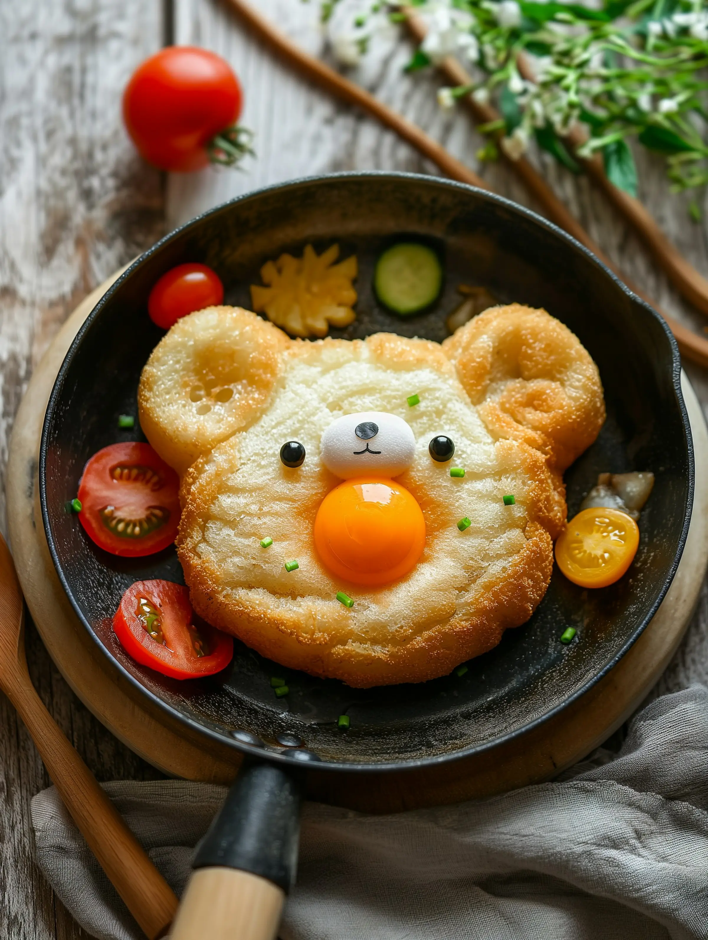 wooden  kitchen counder top with a tomatoe and parsley. It shows the top half of a frying pan